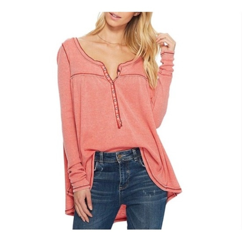 Free People Coral Red Kai Thermal Henley Top Size M